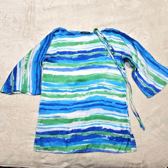 Lauren Ralph Lauren ✦ Blue Green Stripe Blouse ✦ Flowy ¾ Sleeve Tie Accessory - Picture 3 of 15